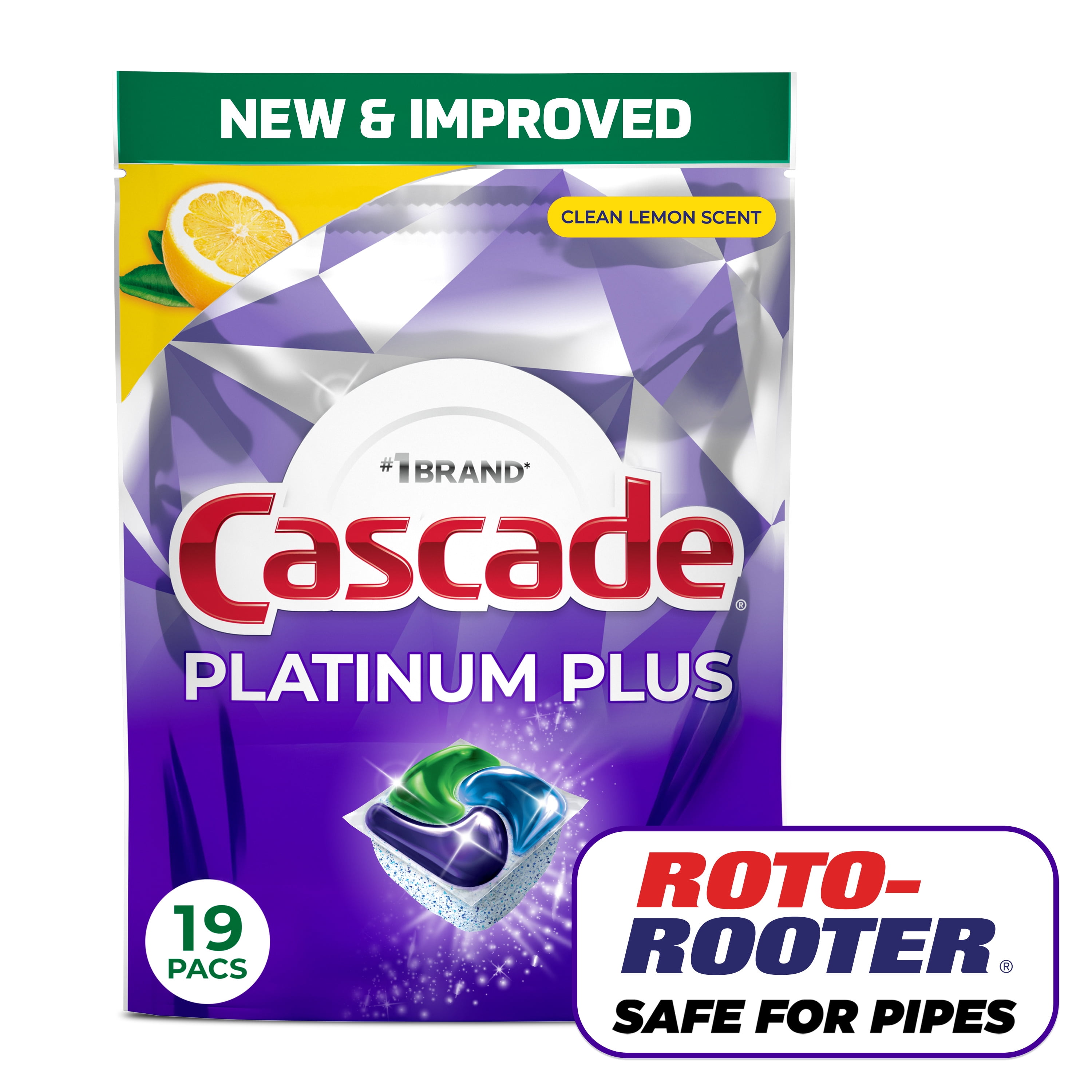 Cascade Platinum Plus Dishwasher Pods, Dishwasher Detergent Soap Tabs, Lemon, 19 Count