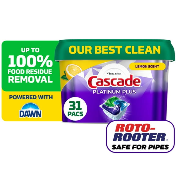Cascade Platinum Plus Dishwasher Pods, Lemon, 31 Count