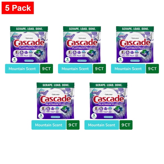Cascade Platinum Plus Dishwasher Pods Dishwasher Detergent Dish Detergent Soap Mountain 9 ct - 5 Pack