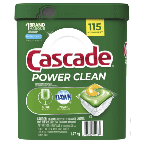 Cascade Power Clean Dishwasher Detergent Fresh Scent ActionPacs, 115-Count, 1.77Kg