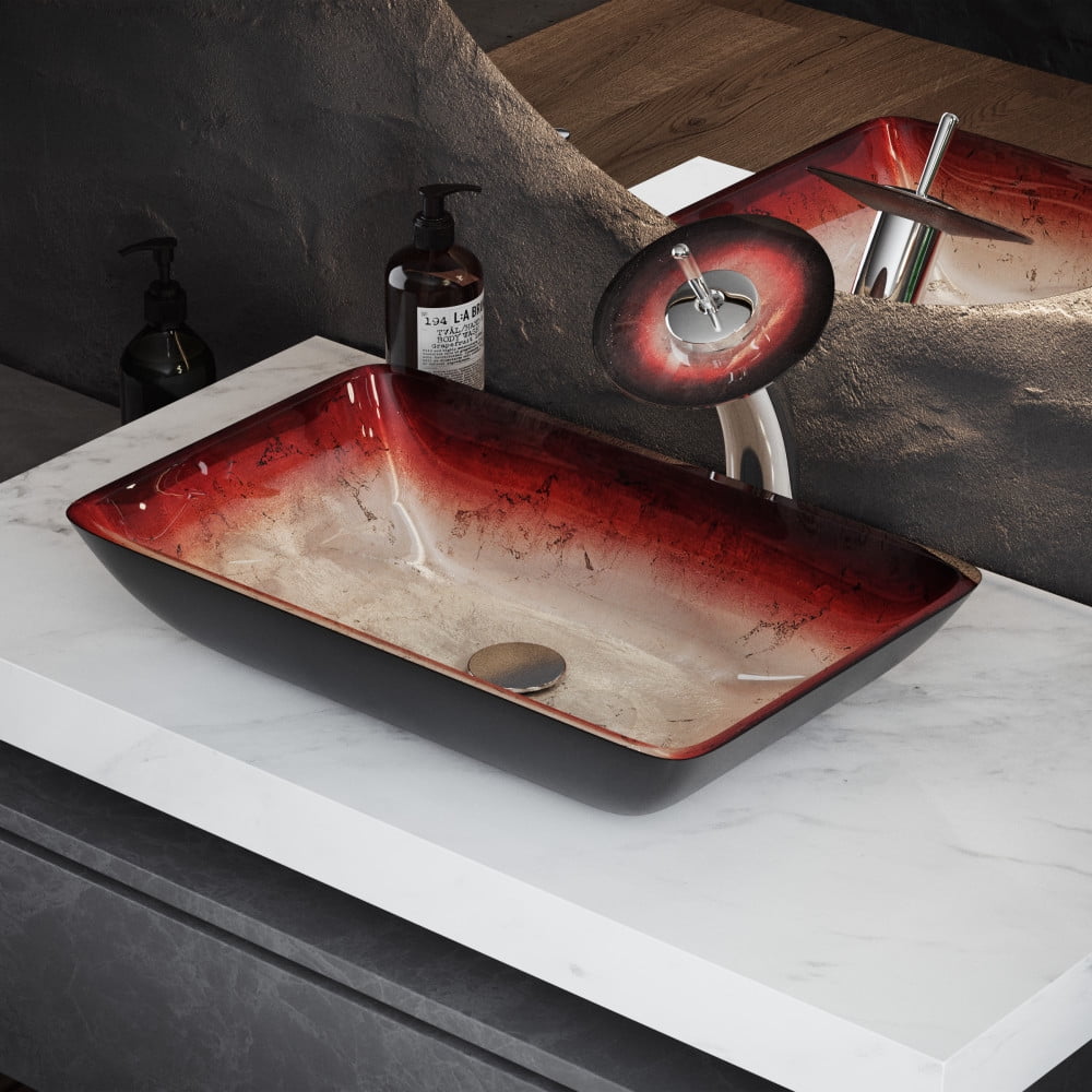 Ember Red Rectangular Glass Vessel Sink with Waterfall Faucet