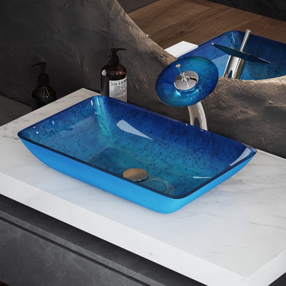 Cascade Ocean Blue Rectangular Glass Vessel Sink with Faucet