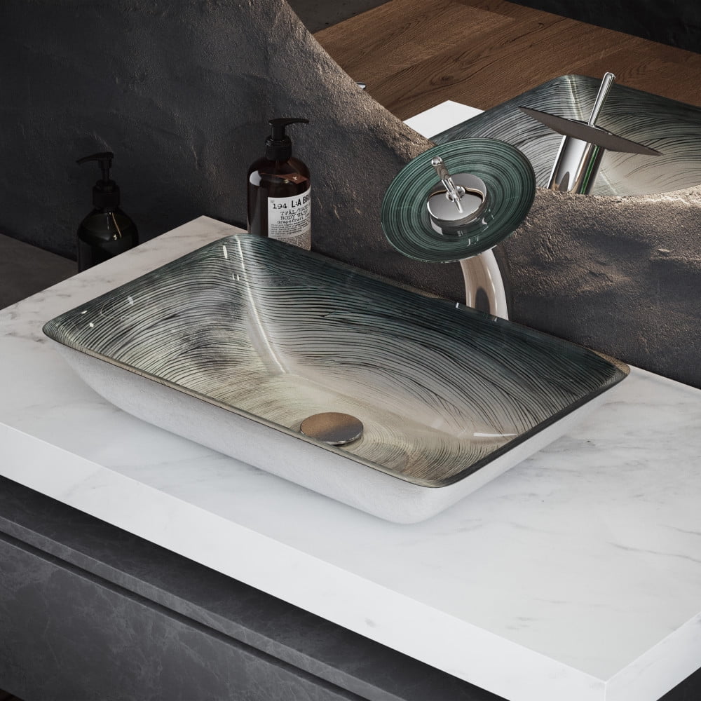 Smoky Gray Rectangular Glass Vessel Sink with Waterfall Faucet