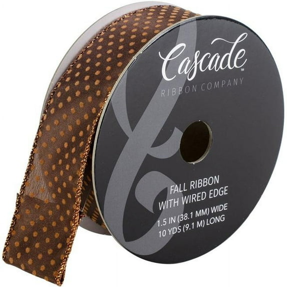 Cascade Satin Ribbon W/Wired Edge 1.5"X20yd-Brown W/Orange Flocked Dots