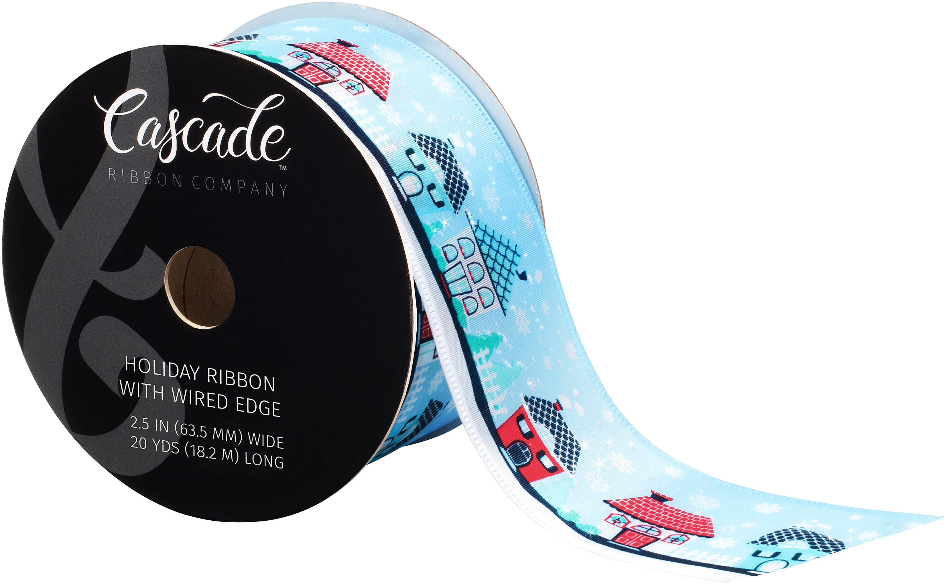 Cascade Satin Ribbon W/Wired Edge 2.5"X20yd-Light Blue W/Blue Houses
