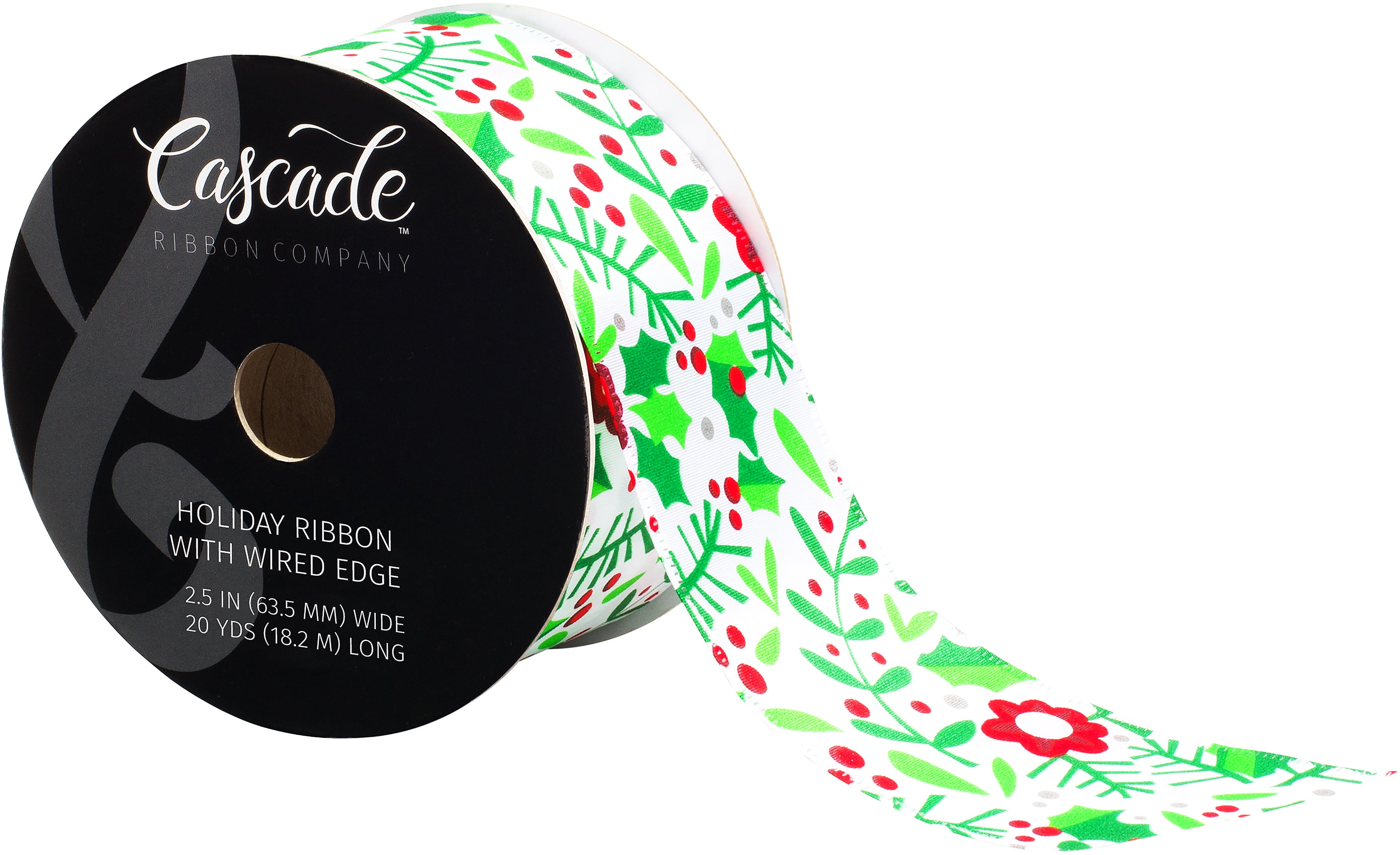 Cascade Satin Ribbon W/Wired Edge 2.5"X20yd-White, Red & Green W/Holly Flowers