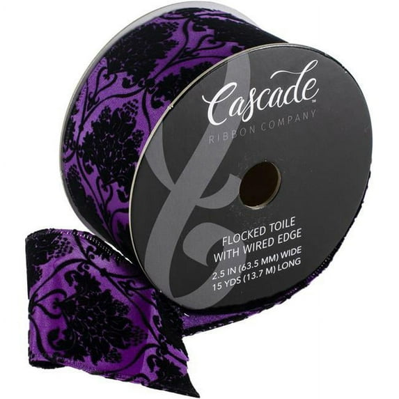 Cascade Textured Satin Ribbon W/Wired Edge 2.5"X15yd-Black Flocking, Toile Pattern On Purple