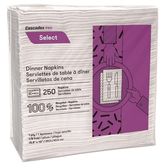 Cascades PRO Select Dinner Napkins 1-Ply White 15.5 x 16 250/Pack 12/Carton N050