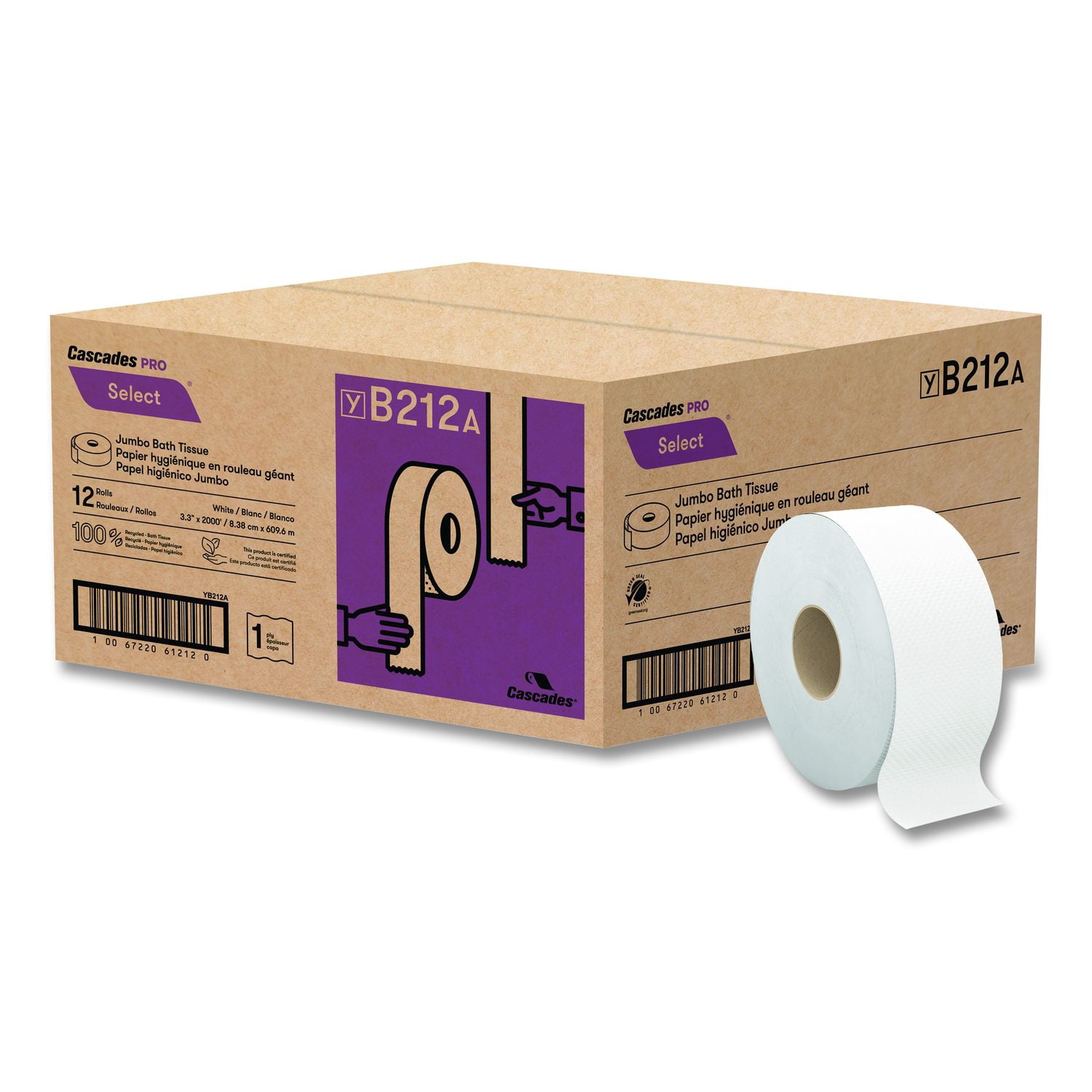 Cascades PRO Select Jumbo Bath Tissue, Septic Safe, 1-Ply, 3.3" x 2,000 ft, White, 12 Rolls/Carton