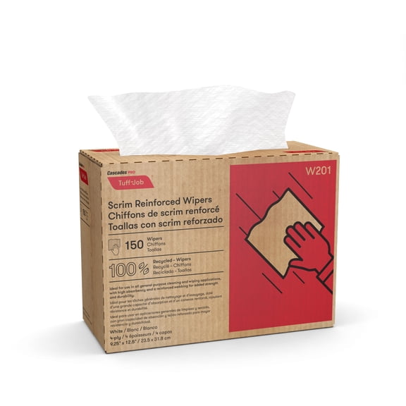 Cascades PRO Tuff-Job Scrim Reinforced Wipers, 100% Recycled, 9 1/4" x 12 1/2", White, Pack Of 150