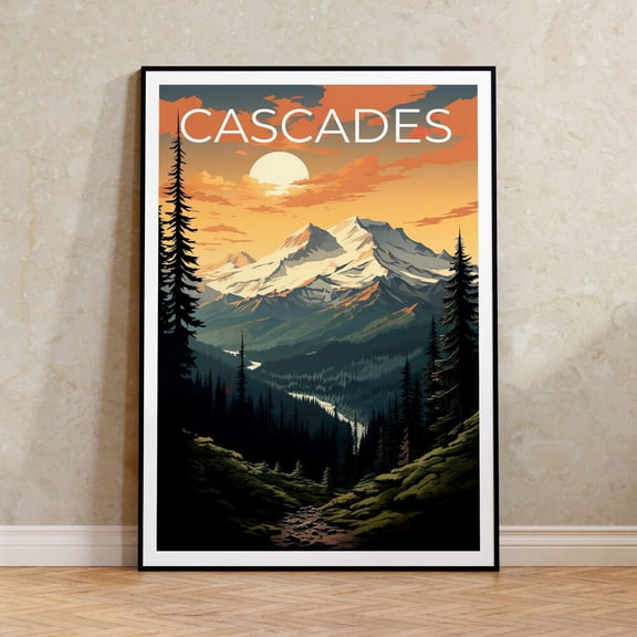 Cascades Travel Poster Mountain Wall Art Mountain Print Cascades Poster Mountain Poster Nature Poster Cascade Art