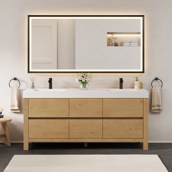 Cascadia 72" Weathered Fir Wood Vanity White Artificial Stone Sink with Mirror