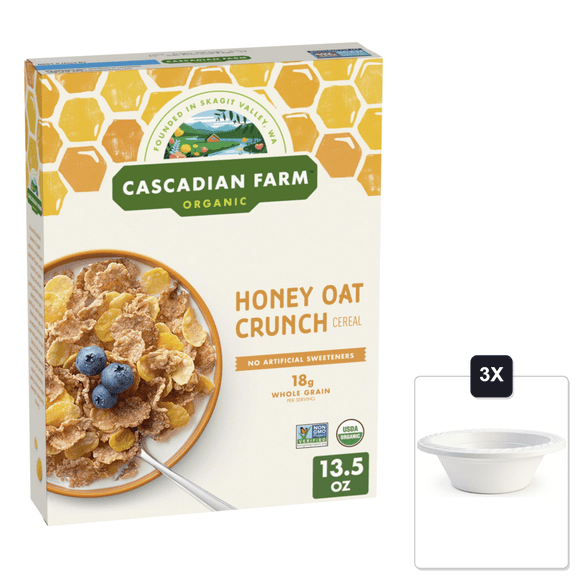 Cascadian Farm Honey Oat Crunch Organic Cereal, 13.5 oz & 3x 12oz Disposable Plastic Bowl