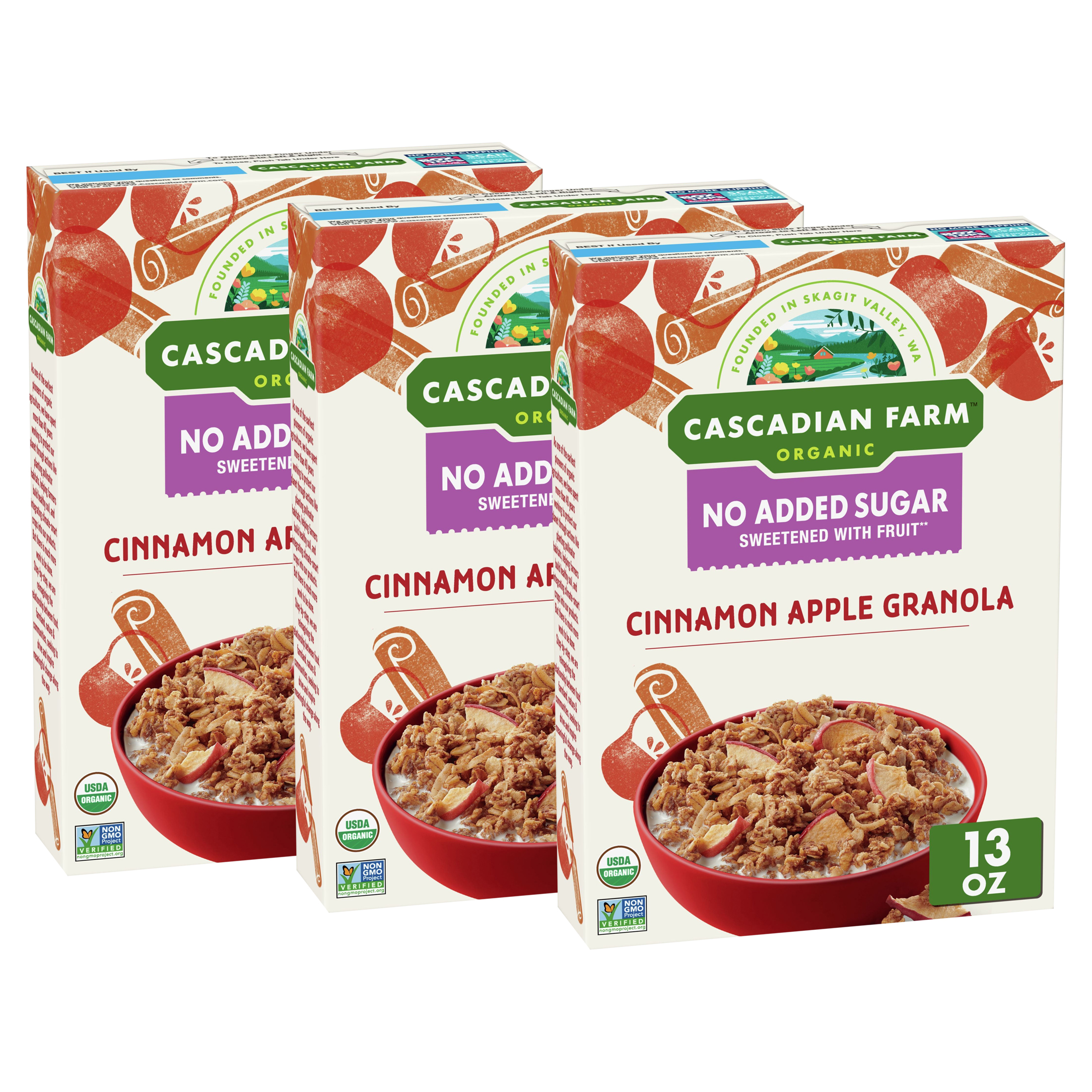 (3 pack) Cascadian Farm Organic Cinnamon Apple Granola, No Added Sugar, NonGMO, 13 oz