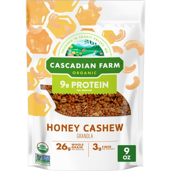 Cascadian Farm Organic Honey Cashew Granola, Protein Granola, Non-GMO, 9 oz