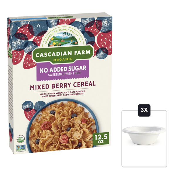 Cascadian Farm Organic Mixed Berry Cereal, 12.5 oz & 3x 12oz Disposable Plastic Bowl