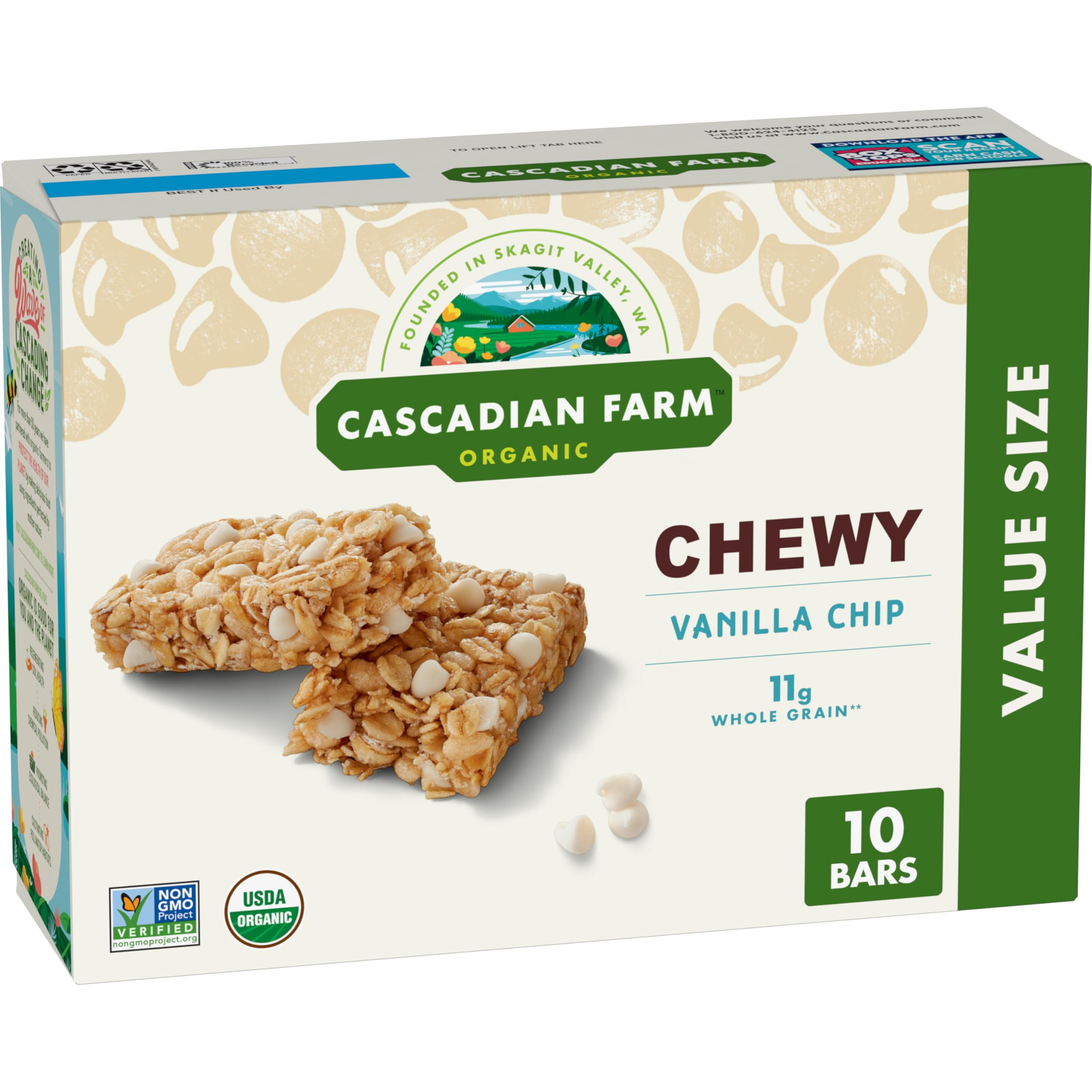 Cascadian Farm Organic Vanilla ZS23 Chip Chewy Granola Bars, Value Size, 10 Bars, 12.3 oz.