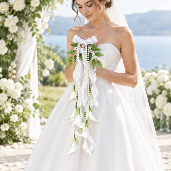 Cascading Artificial Calla Lily Bouquet, Elegant White Bridal Bouquet with Pearl Ribbon for Bride, Romantic Wedding Flowers for Engagement, Thanksgiving Celebration, Photoshoot and Home Table Decor