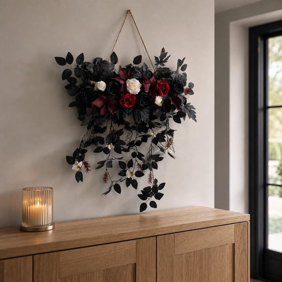 Cascading Artificial Rose Door Swag, All Season Hanging Floral Wreath with Trailing Roses, Fade Resistant Faux Flower Decor, Wedding Holiday Housewarming Gift,Red