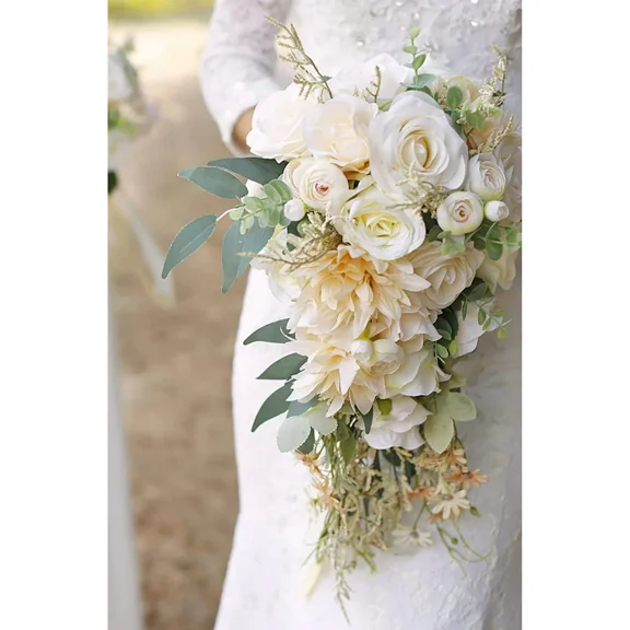 Cascading Beige Rose Artificial Bridal Bouquet Boho Rustic Wedding Bouquet for Ceremony Anniversary