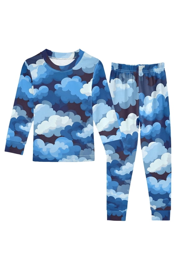 Cascading Blue Clouds Cotton Pajama Set Long Sleeve Top and Pants Sleepwear Unisex 5Y