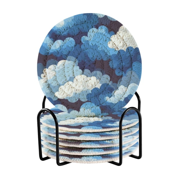 Cascading Blue Clouds Drink Coasters with Holder Absorbent Coaster for Coffee Table Room Decor 6 Pack