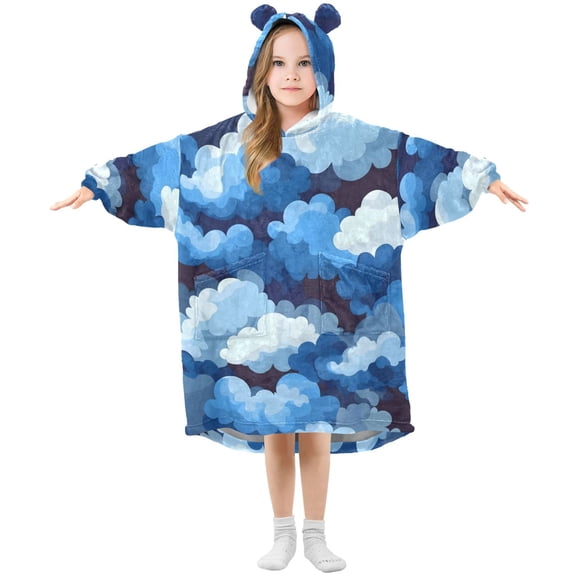 Cascading Blue Clouds Flannel Wearable Blankets Hooded Design Long Sleeves Wrap Unisex for 3T-14Y S