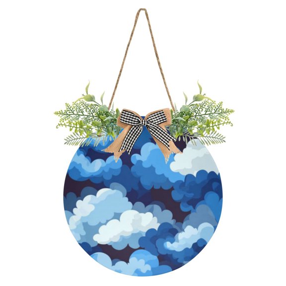 Cascading Blue Clouds Front Door Porch Decoration Hanging Sign with Artificial Green Plants and Bow for Home Outdoor Indoor