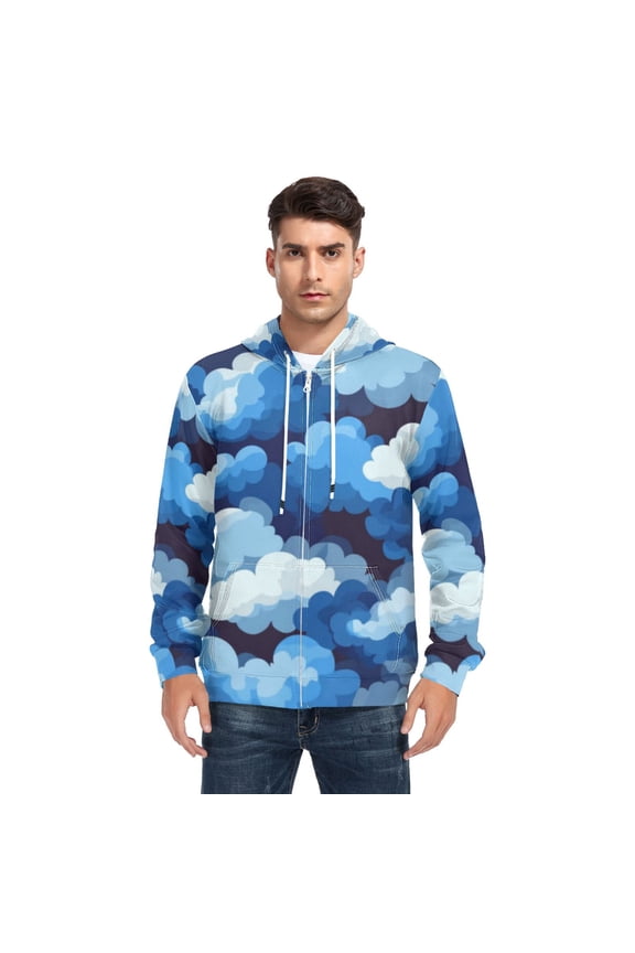 Cascading Blue Clouds Men’s Hoodies Sweatshirt with Full Zip Pockets Fleece Jackets