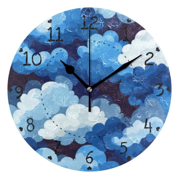 Cascading Blue Clouds Round Wall Clock Silent Battery Operated Home Decor for Living Room Bedroom