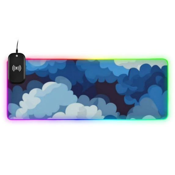 Cascading Blue Clouds Wireless Charging RGB Gaming Mouse Pad Large Keyboard Mat Rubber Base 13 Light Modes