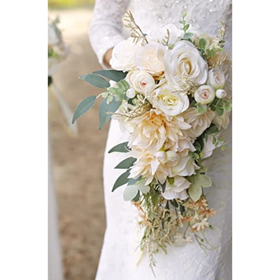 Cascading Bouquets for Bride Beige Rose Artificial Bridal Bouquet for Boho Rustic Wedding Ceremony Anniversary