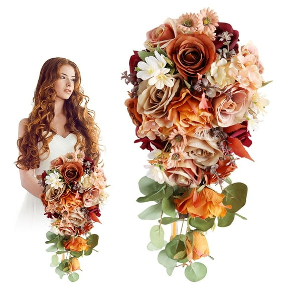 Cascading Bridal Bouquet with Silk Flowers Rustic Orange Wedding Flowers with Eucalyptus for Fall Wedding Ceremonies
