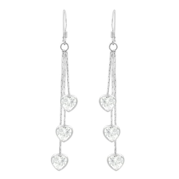 Cascading Chains of Hearts Sparkle Cubic Zirconia .925 Silver Dangle Earrings