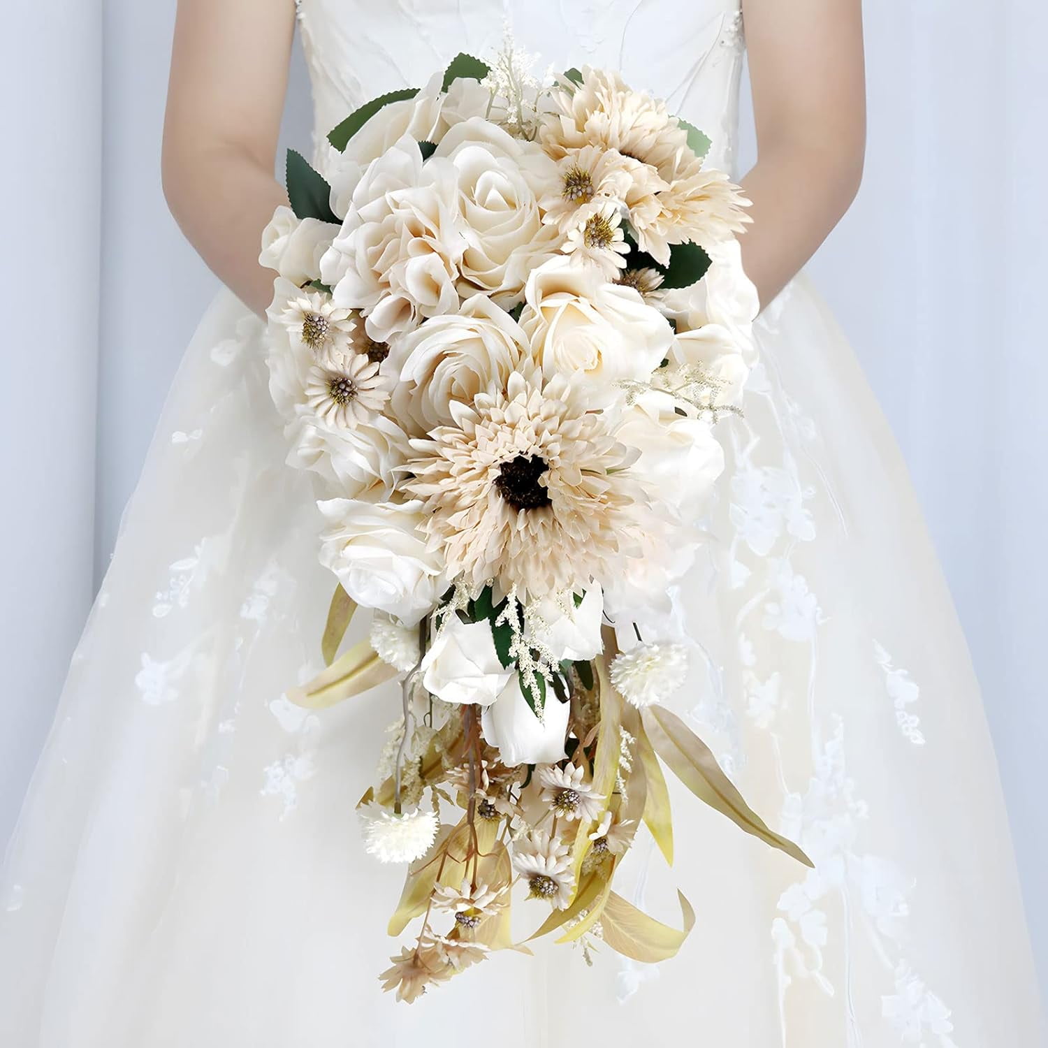 Cascading Champagne Flower Wedding Bouquet 9 Inch for Bride Creamy Rose ...