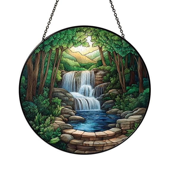 Cascading Forest Waterfall Stained Glass Style Round Window Decor, Nature Lover Gift