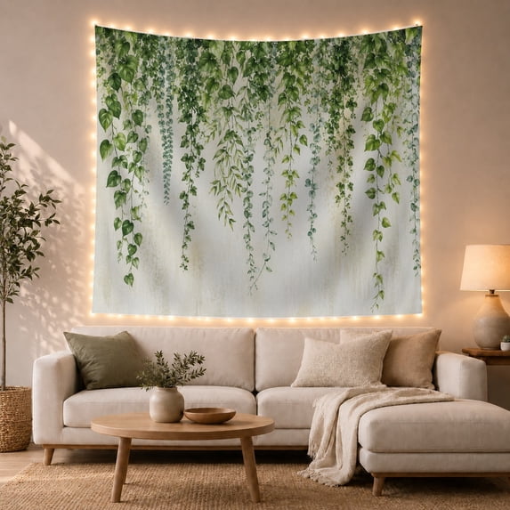 Cascading Green Vines Against Off-White Background, Serene Botanical Illustration for Plant Lovers, Natural Foliage Art Decor, Housewarming Gift Tapestry Wall Hanging for Bedroom and Living Room