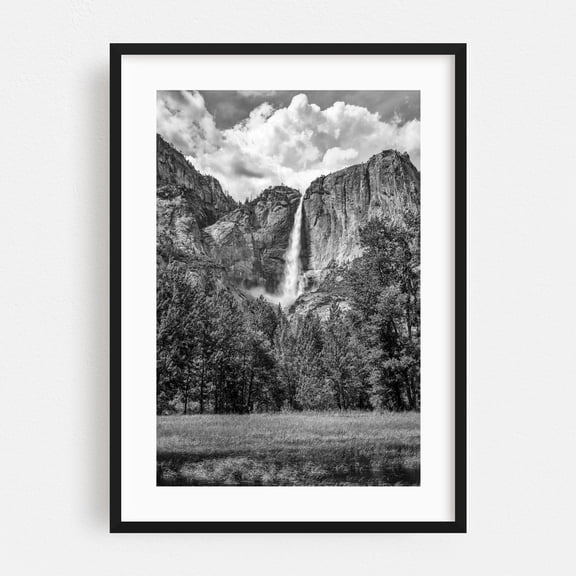Cascading Heights - Yosemite Valley - California Photography Waterfall Black and White Nature Landscape Forest Mountain Travel Poster Black Framed Wall Art Print 5 x 7 inches
