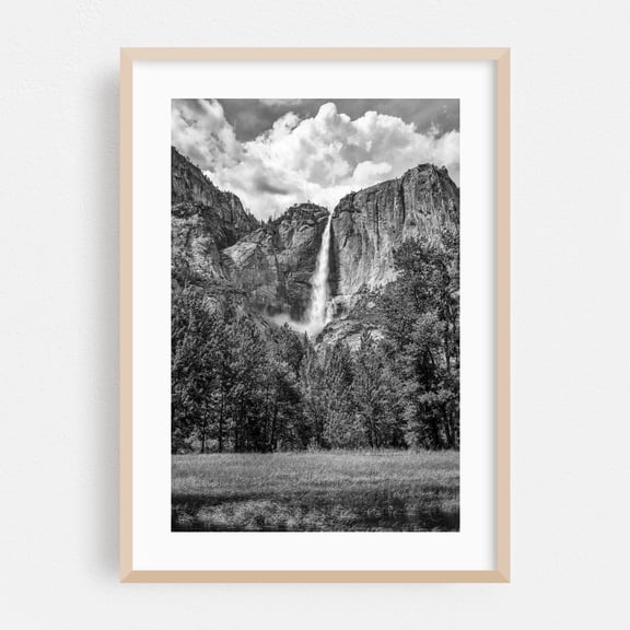 Cascading Heights - Yosemite Valley - California Photography Waterfall Black and White Nature Landscape Forest Mountain Travel Poster Oak Framed Wall Art Print 5 x 7 inches