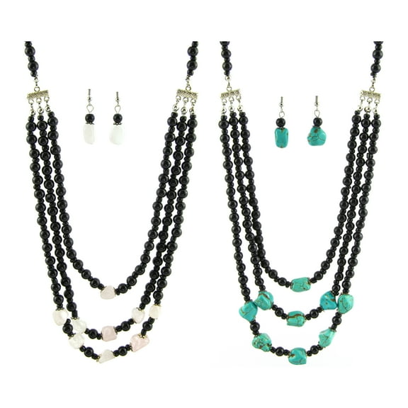 Cascading Rose Quartz & Turquoise Beaded Necklace and Earrings Set, 12 PC Lot