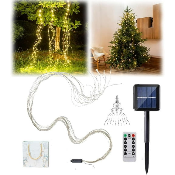 Cascading Twinkle Lights for Christmas Tree - 8 Modes, 100-600 LED Warm/White/RGB Hanging String Lights, Waterproof Waterfall Fairy Lights, USB/Solar (Warm-Solar, 3m/9.84ft 20 Strips 600 Lights)
