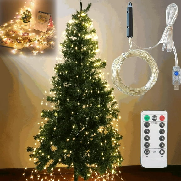 Cascading Twinkle Lights for Christmas Tree, Christmas Tree Waterfall Lights, Cascading Tree Twinkle Fairy Lights Warm White Silver Wire, 8 Modes