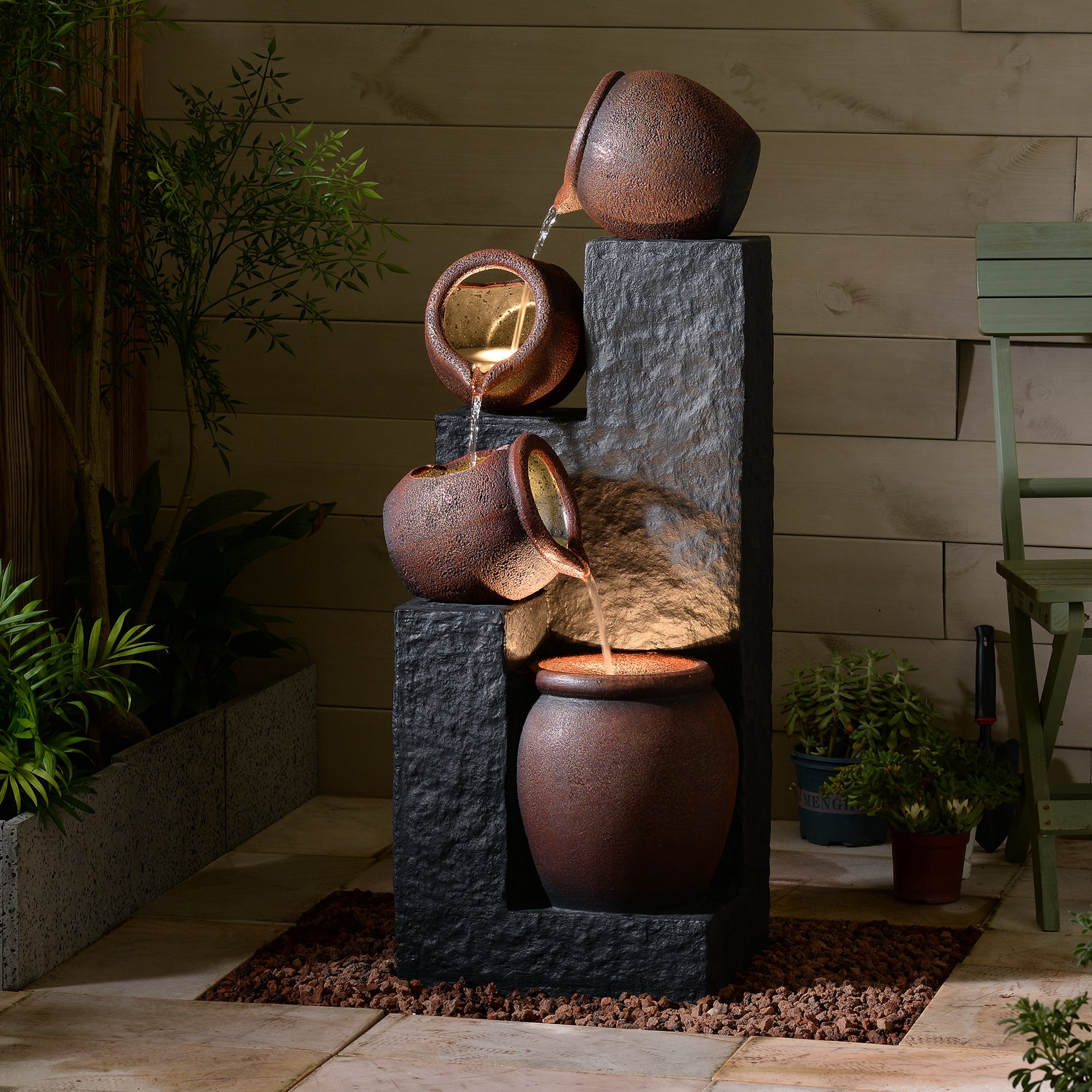 Cascading Urn Fountain, Decorative Water Fountain with LED Lights and Quiet Pump, Indoor Outdoor Water Feature for Patio, Garden, Deck, Balcony, Office and Home Décor