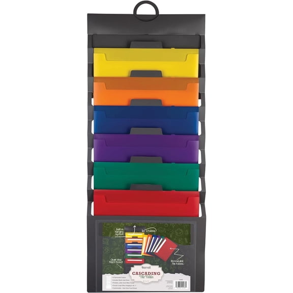Cascading Wall File Organizer, Classrom Organization and Storage, 6 Removable Poly Hanging File Folders, Command Center Wall Organizer, Gray with Assorted Color Folders