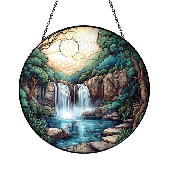 Cascading Waterfall Glass Suncatcher for Window, Woodland Landscape Decor, Calm Nature Hanging Ornament