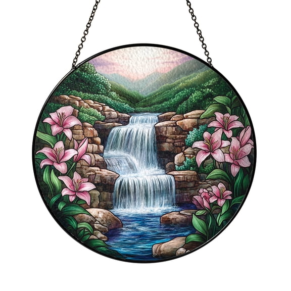 Cascading Waterfall in Forest Setting Stained Glass Style Window Decor Suncatcher, Scenic Outdoor Art Gift