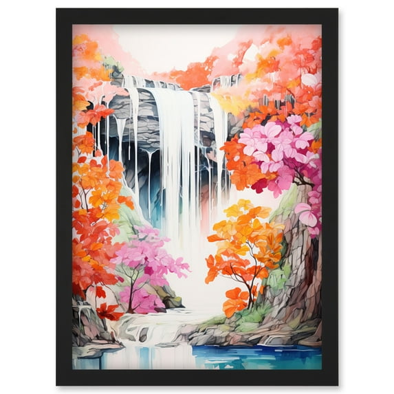 Cascading Waterfall in Orange Pink Tree Lush Forest Vibrant Watercolour Painting Artwork Framed Wall Art Print A4