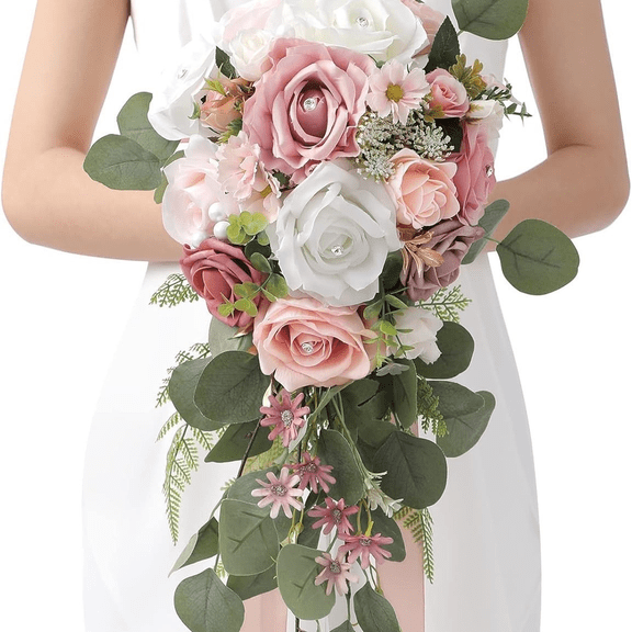 Cascading Wedding Bouquet, 19.7 in / 50 cm Pink & White Bride Bouquet, Silk Flower Bouquet for Wedding Ceremony & Anniversary