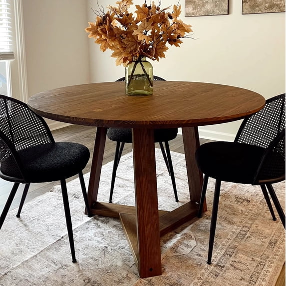 Cascais 48' Round Table with Japandi Base, Solid Wood with a Brown Oak Finish