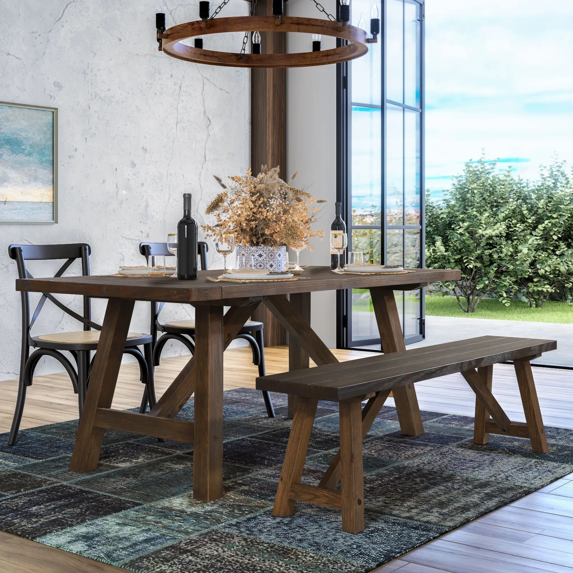 Brown Oak 72'' Solid Wood Farmhouse Dining Table